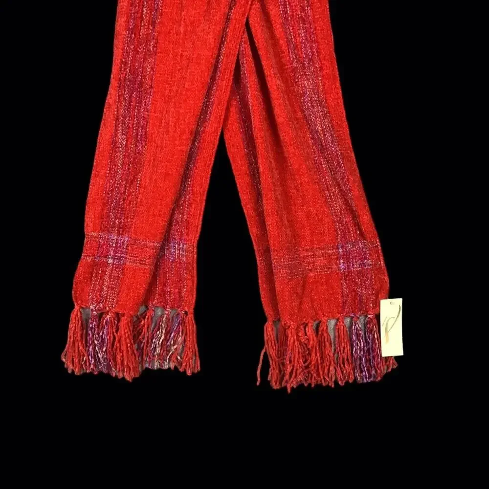 Collection 18 Pink Red Chenille Stripe Muffler Scarf Fringe NWT